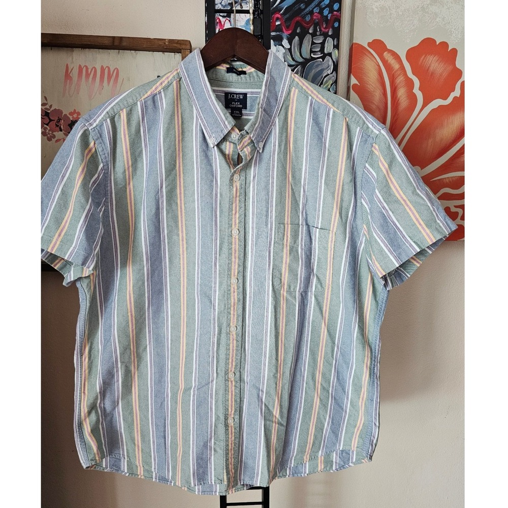 J.Crew Flex Oxford Shirt Mens XXL Slim Short Sleeve Vertical Stripe Green Blue